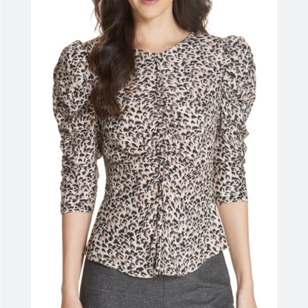 Rebecca Taylor Leopard silk blouse with puffy ruched sleeves and button up back